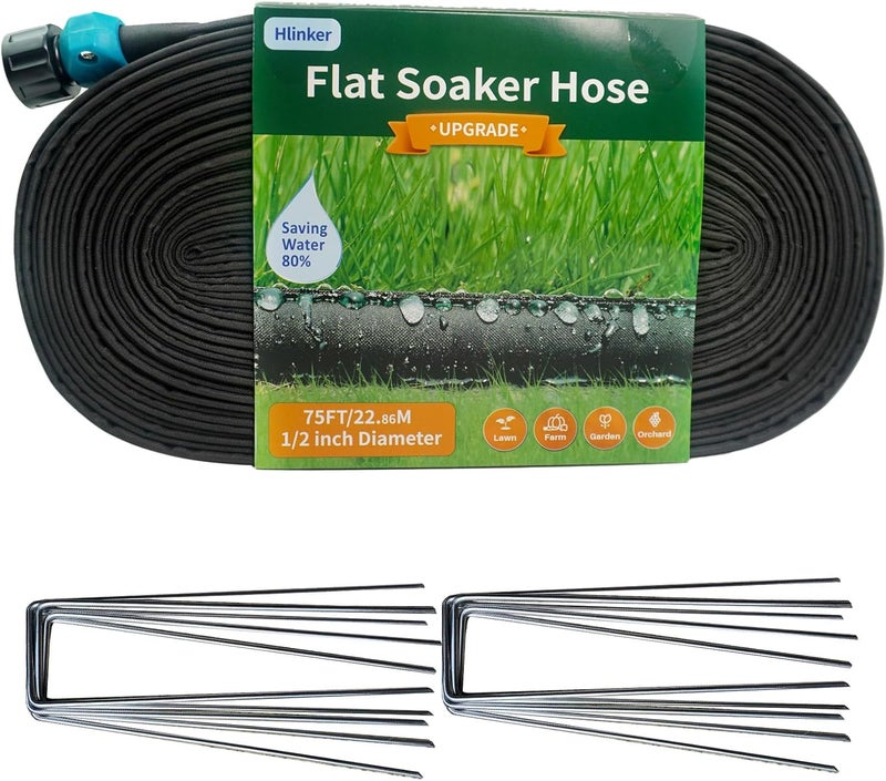 Hlinker 2025 Flat Soaker Hose 75 ft with Stake for Garden, Linkable Drip Hose Diy Automates Garden Irrigation System Saving 84% Water, Dual-layer Leak-free Design Water Hose with Holes - Image 1